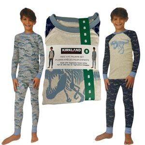 Kirkland Kids 4 Piece Long Sleeve & Pants Pajama Set Dinosaur & Camo Size 8 NWT